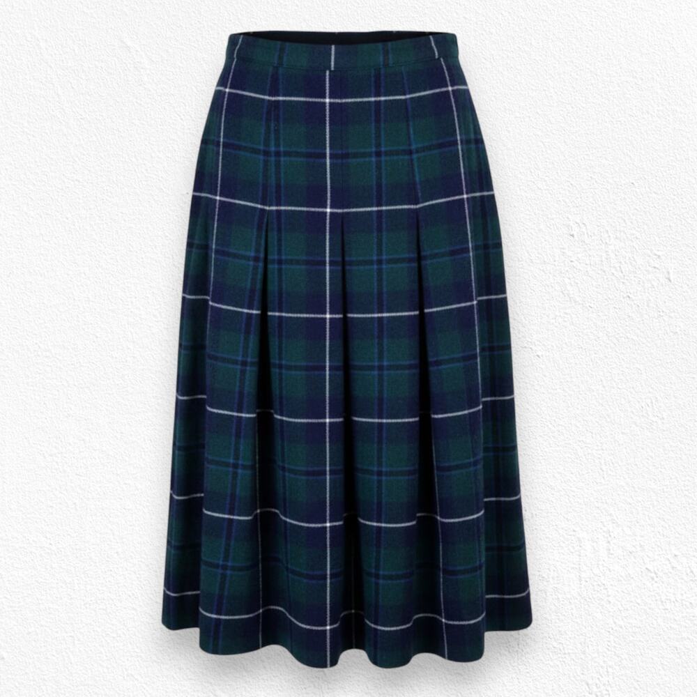 Vintage 90s Green Navy Tartan Plaid Wool Midi Skirt Academia USA Made Size 8